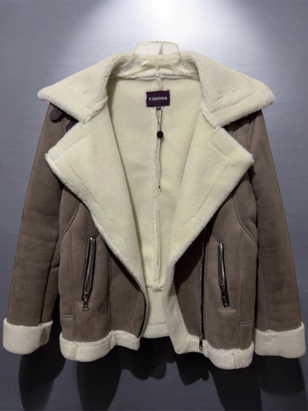 Vigoss Faux Suede Shearling Moto Aviator Jacket Tan Brown Medium Cozy